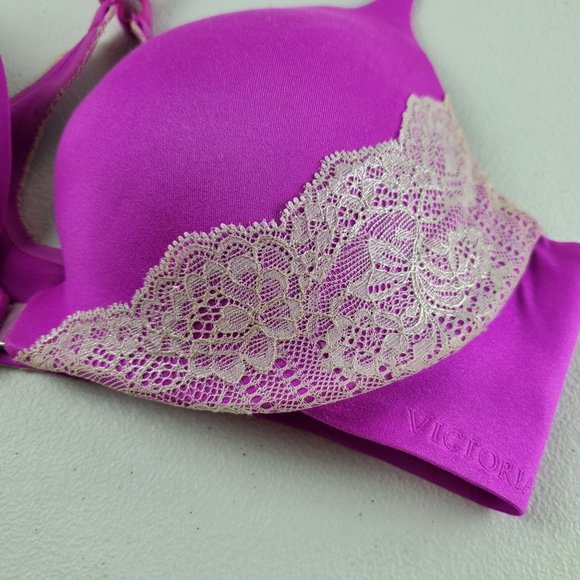 Victoria's Secret Push Up Bra Lace Trim Cross Back Front Close 34C Women Purple - Picture 9 of 10